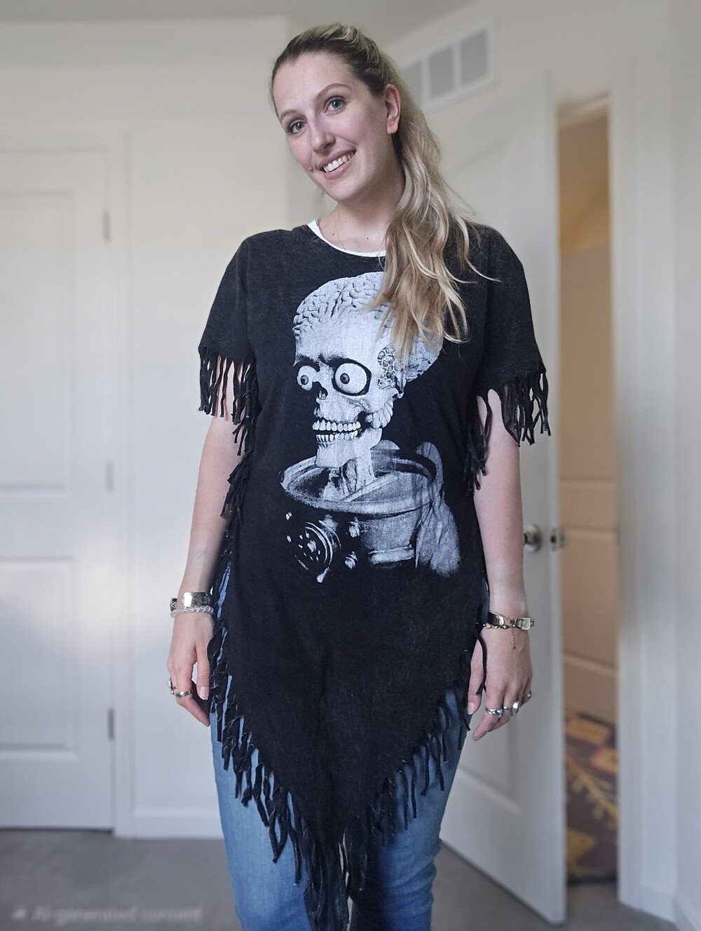 Mars Attacks Alien Brain Graphic Fringe Poncho Tunic Top - Picture 2 of 7